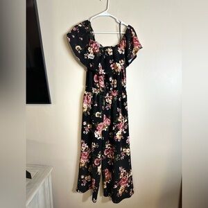 E &M large jumpsuit 16” p2p 54” length 24” inseam  on are off shoulder flowered